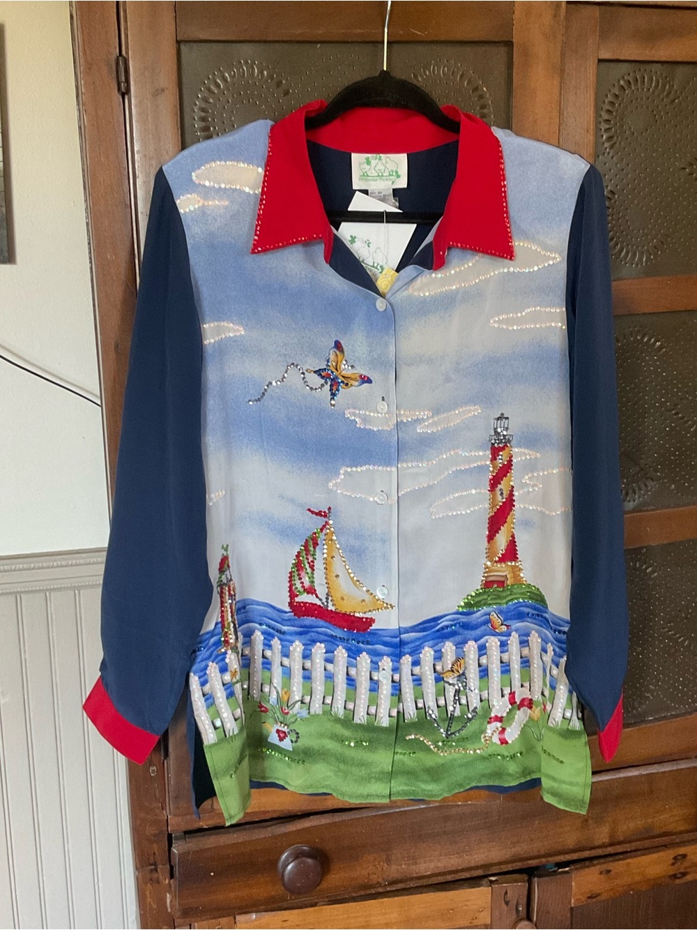Vintage Quacker Factory Sequin Silk Sailboat Lighthouse Button Down Shirt NWT M